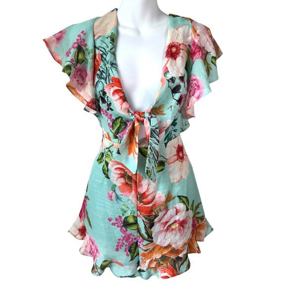 Tropical Floral Print Plunge Neck Romper Medium Flutter Ruffle Summer Resortwear - Picture 1 of 16